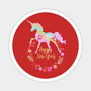 Rainbow Unicorn New Year Holiday Wreath Magnet